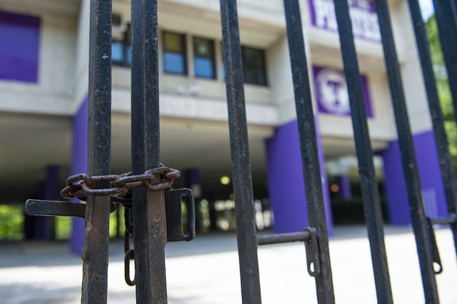 The locked front gates to Tottenville High School in Staten Island.